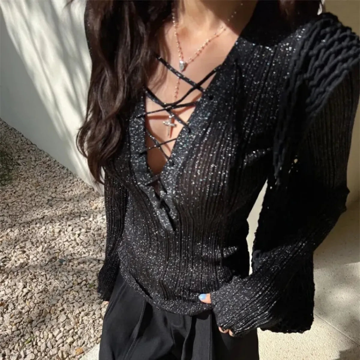 Glitter Lace-Up V-Neck Top – Y2K E-Girl Harajuku Knit Pullover