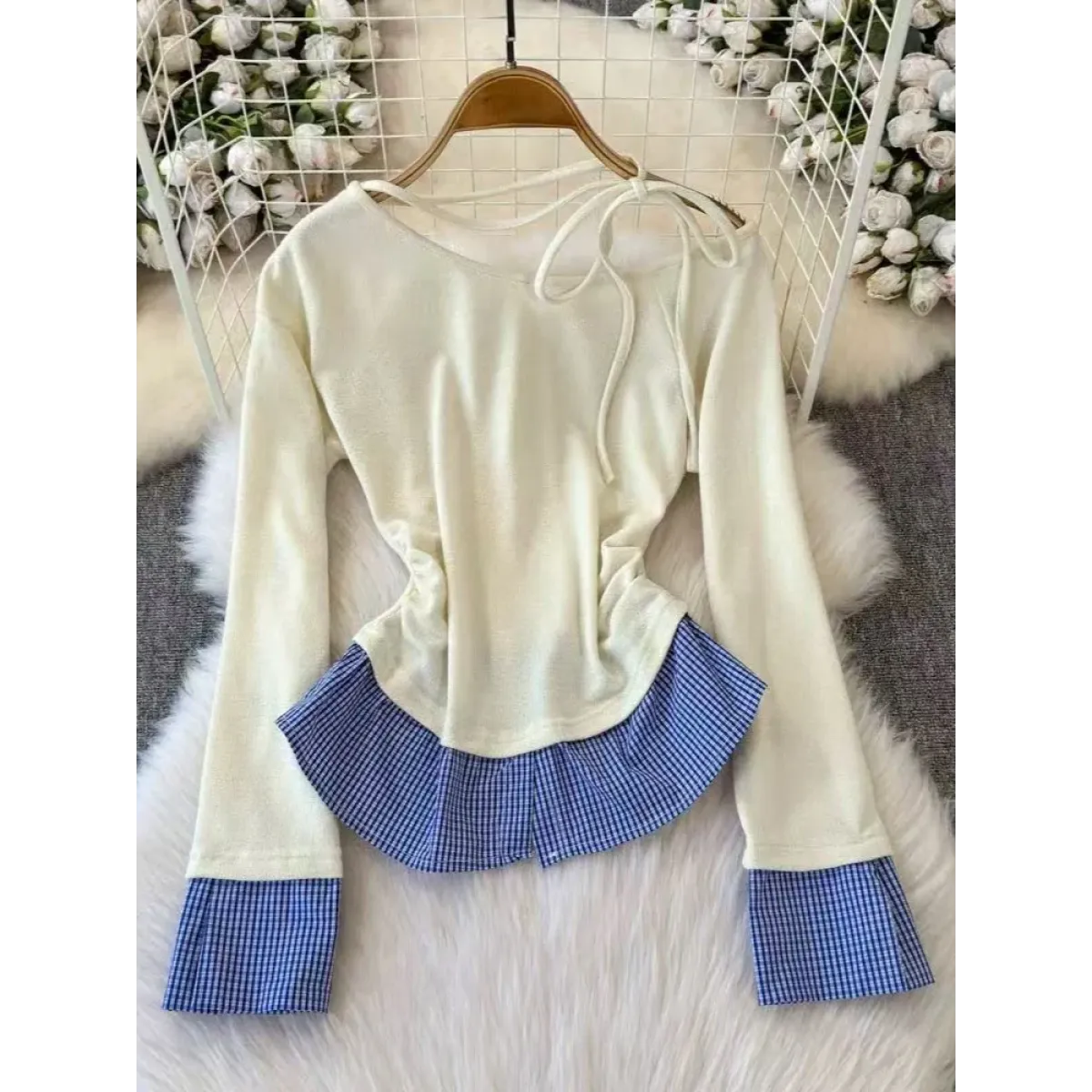 Off-Shoulder Plaid Patchwork Top – Harajuku Retro Style