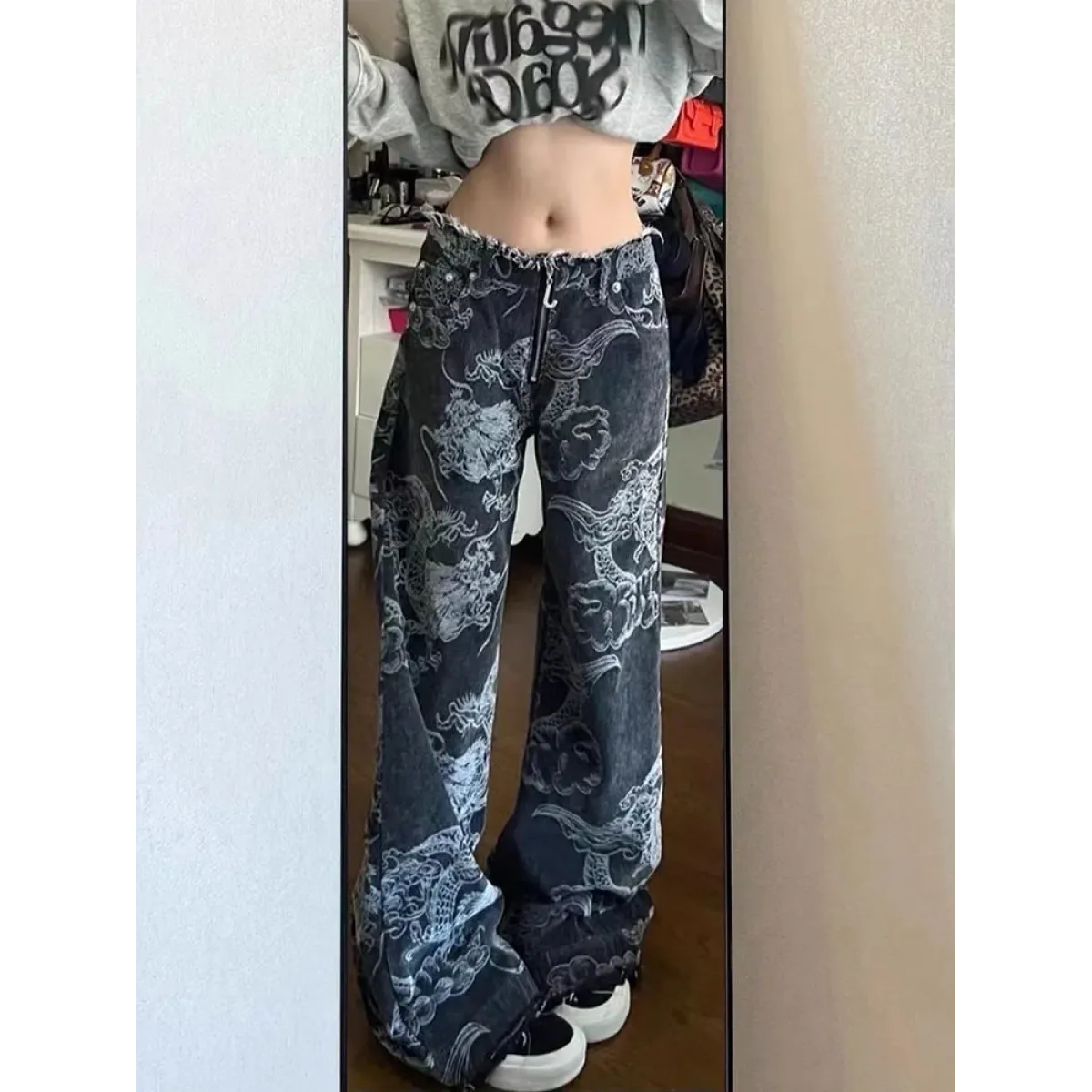 Gothic Dragon Print Baggy Jeans – Harajuku Y2K Aesthetic Denim