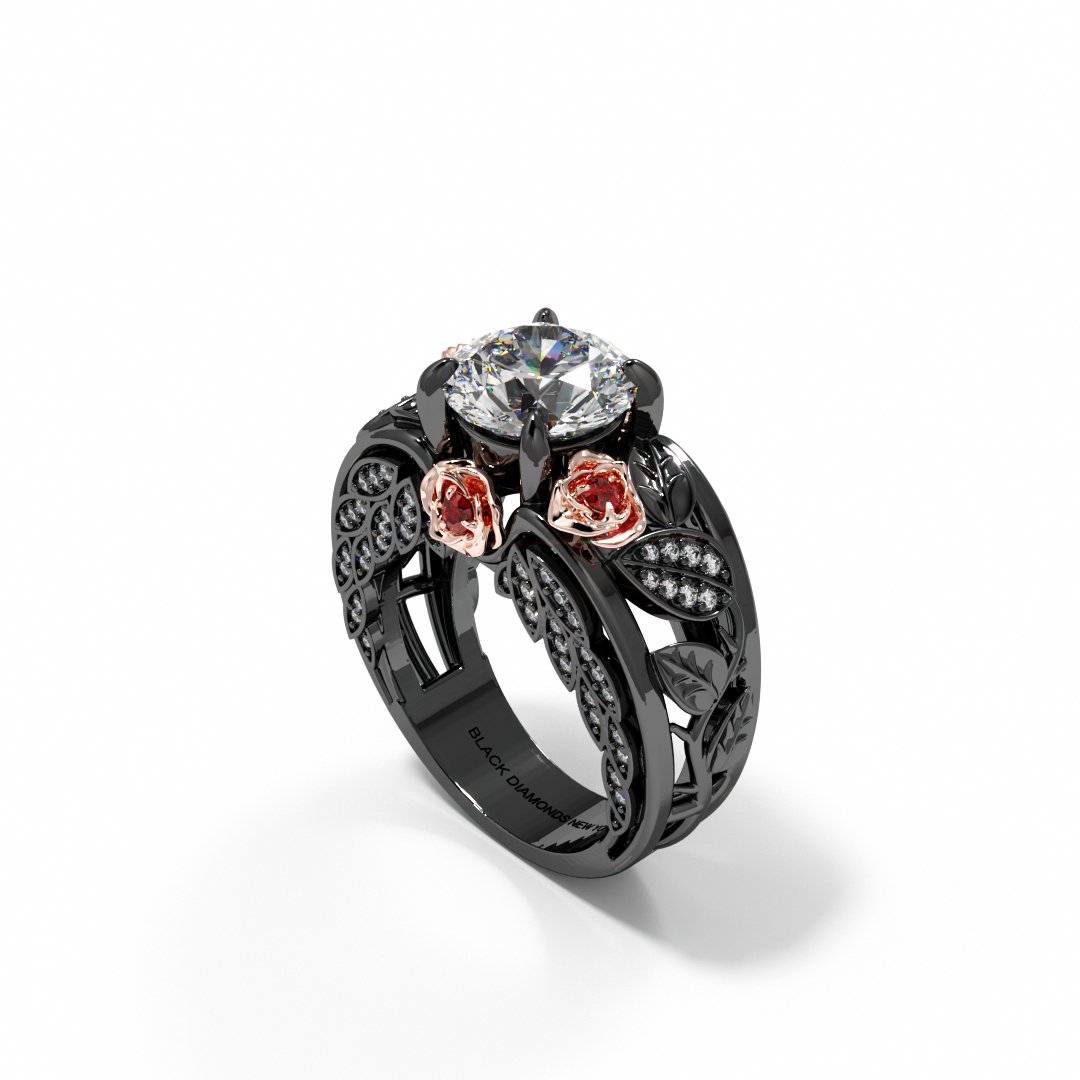 I Want You Promise Ring- 1.5 ct Round Cut Diamond and Black Roses Gothic Ring