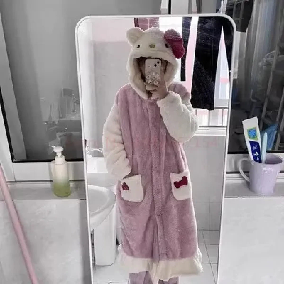 Hello Kitty Kawaii Bow Furry Pajamas - Sweet Long Anime Plush Loungewear