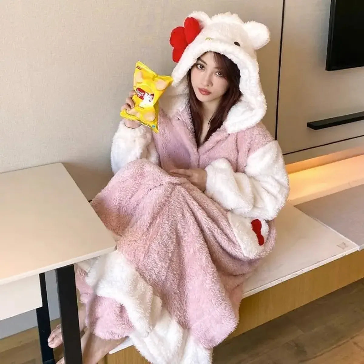 Hello Kitty Kawaii Bow Furry Pajamas - Sweet Long Anime Plush Loungewear