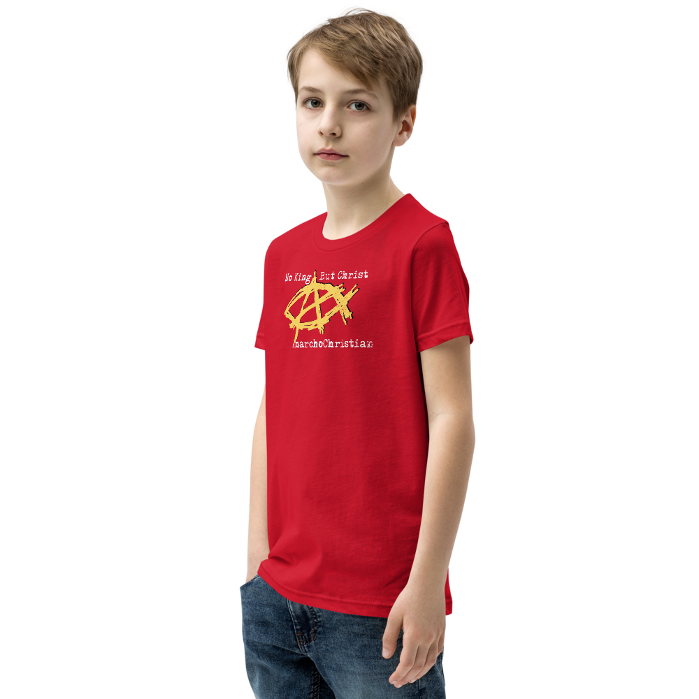 AnarchoChristian No King But Christ - Anarchist Jesus Fish Youth Short Sleeve T-Shirt