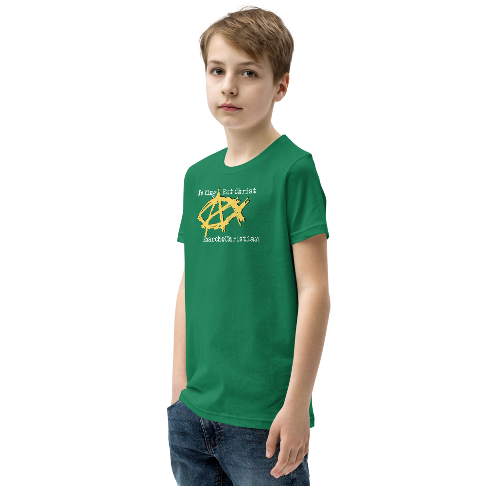 AnarchoChristian No King But Christ - Anarchist Jesus Fish Youth Short Sleeve T-Shirt
