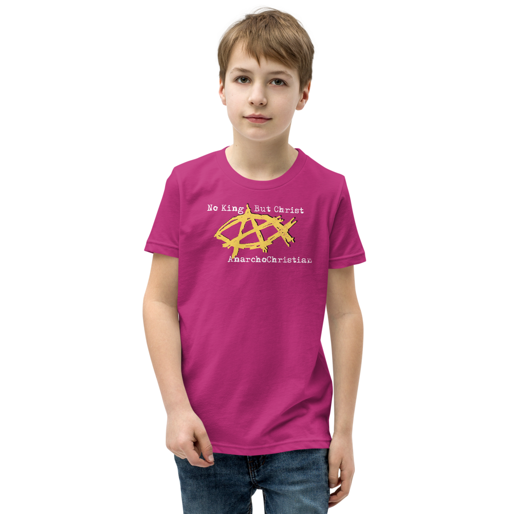 AnarchoChristian No King But Christ - Anarchist Jesus Fish Youth Short Sleeve T-Shirt