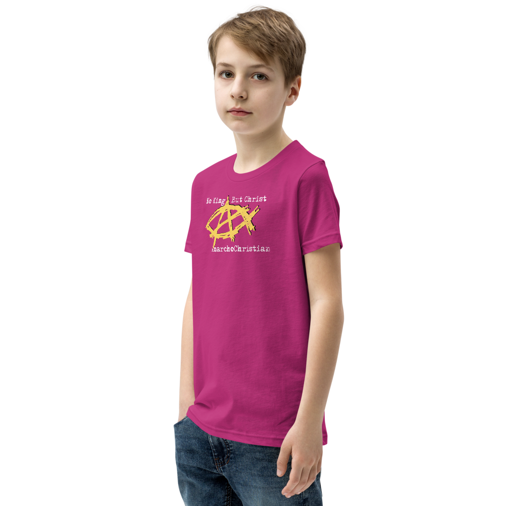 AnarchoChristian No King But Christ - Anarchist Jesus Fish Youth Short Sleeve T-Shirt