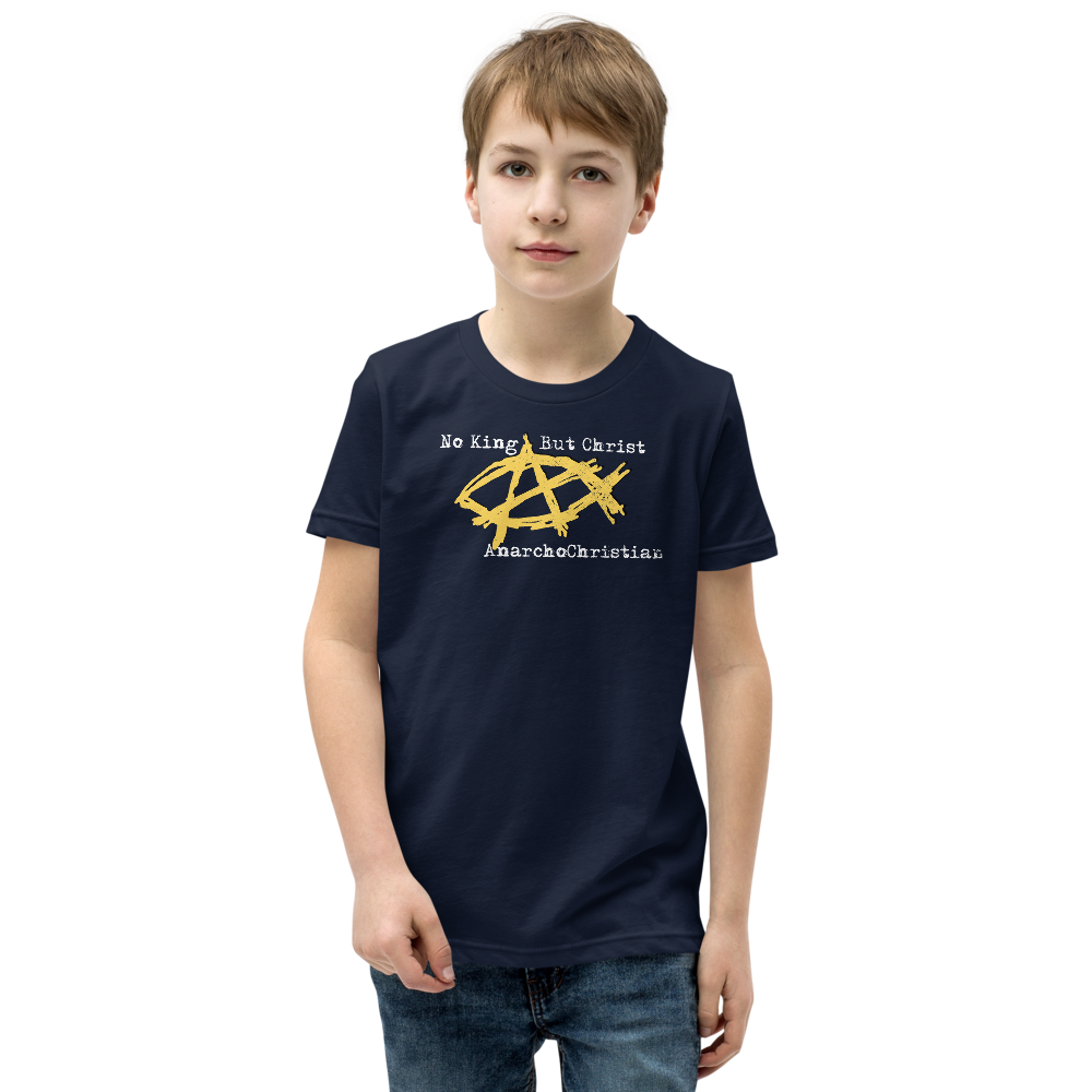 AnarchoChristian No King But Christ - Anarchist Jesus Fish Youth Short Sleeve T-Shirt