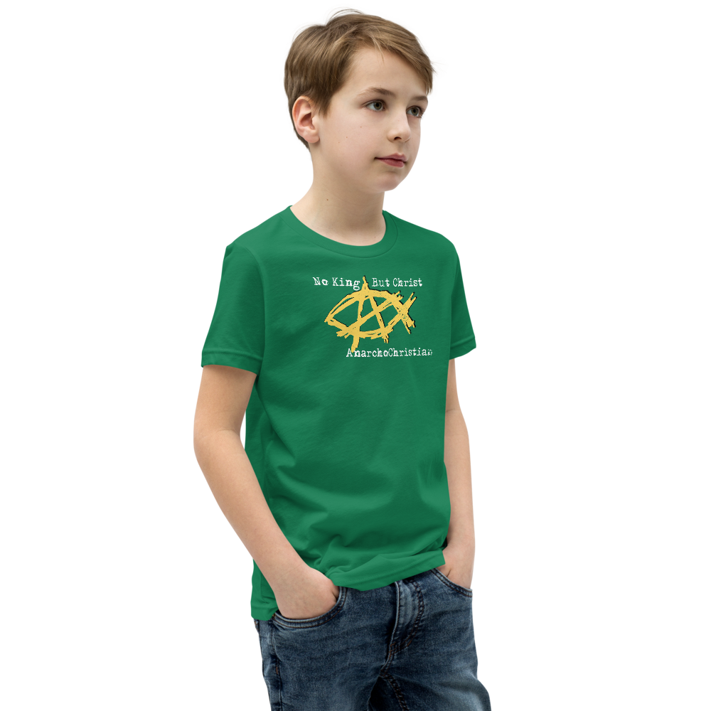 AnarchoChristian No King But Christ - Anarchist Jesus Fish Youth Short Sleeve T-Shirt