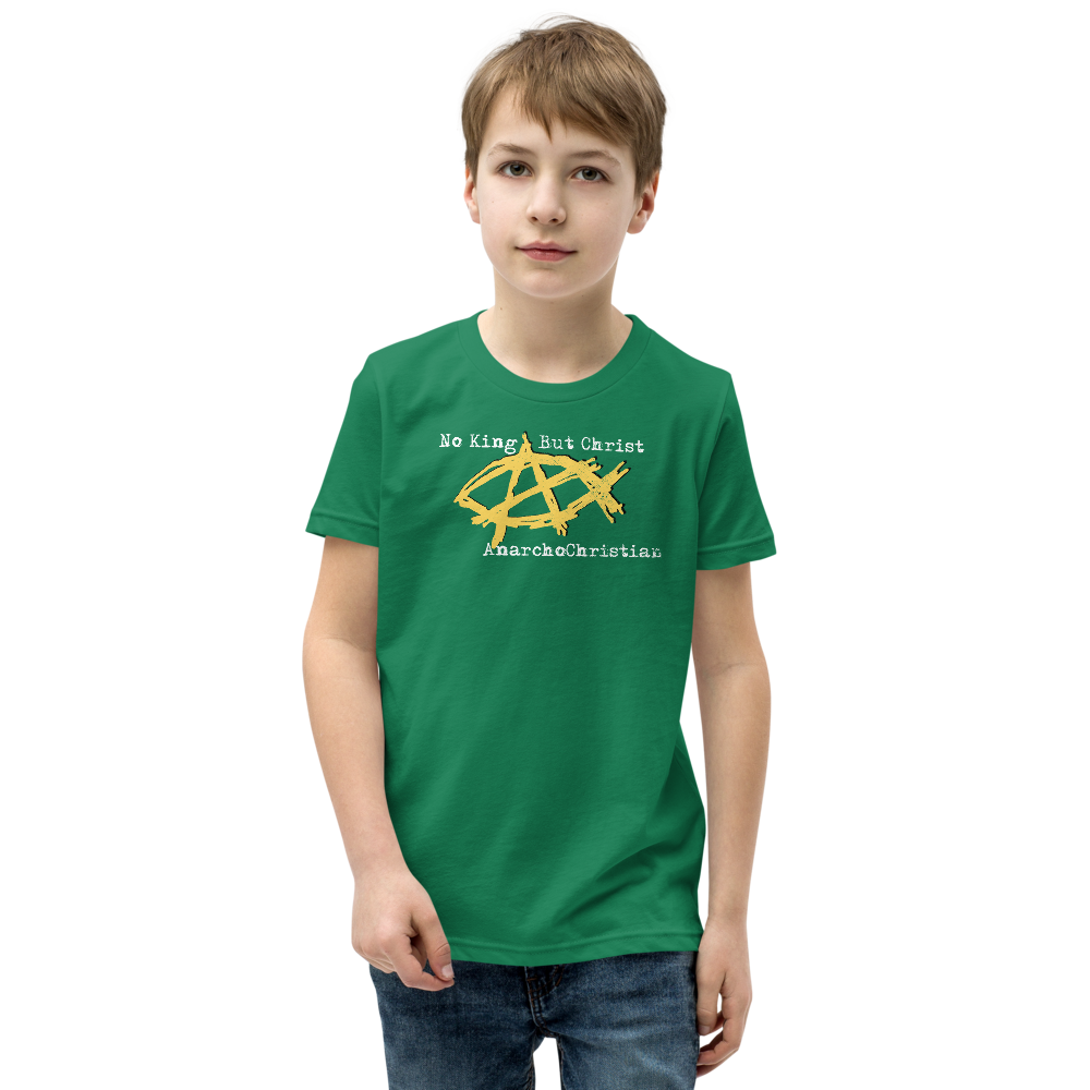 AnarchoChristian No King But Christ - Anarchist Jesus Fish Youth Short Sleeve T-Shirt