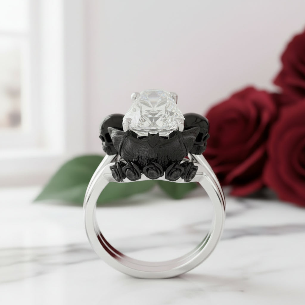 My Ever After Ring with Coffin Cut Diamond with Skulls, Bat and Roses Promise Ring