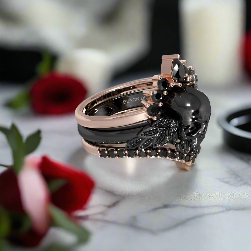 My Queen- 3pc Rose Gold Black Diamond Gothic Ring