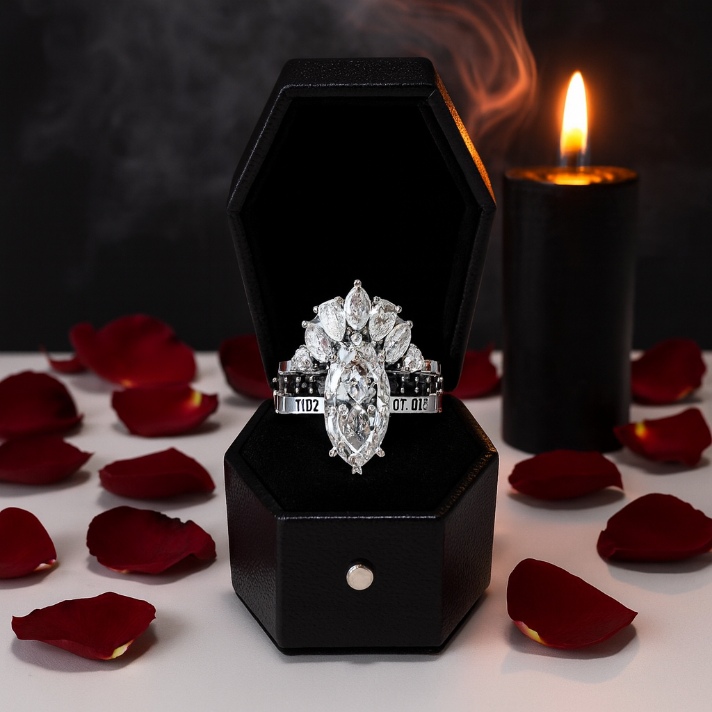 Ride or Die Wedding Rings- 2.5 Ct Marquise Cut Diamond Gothic Bridal Set in 14k White Gold