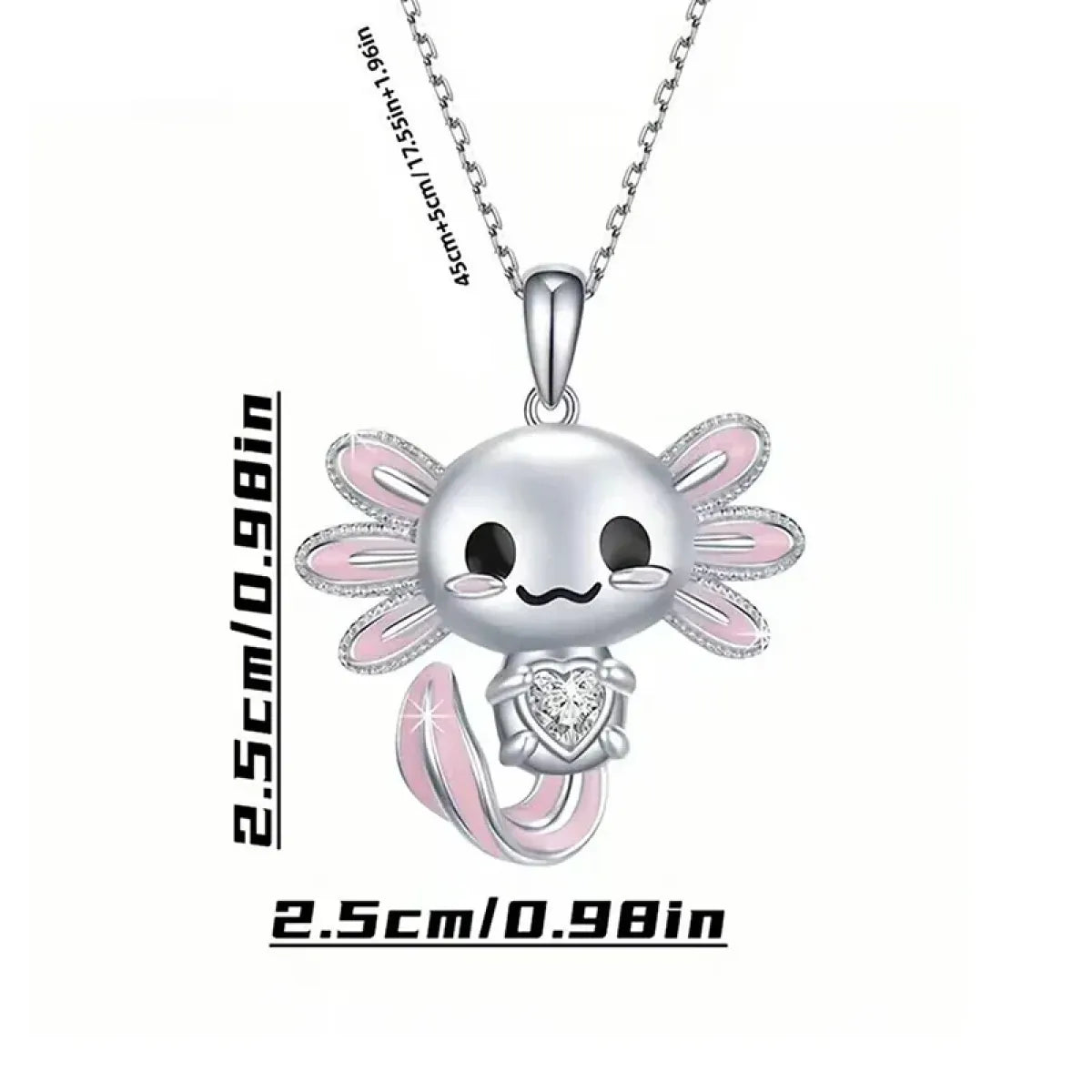 Cute Pink Axolotl Necklace - Enamel Pendant with Crystal Charm