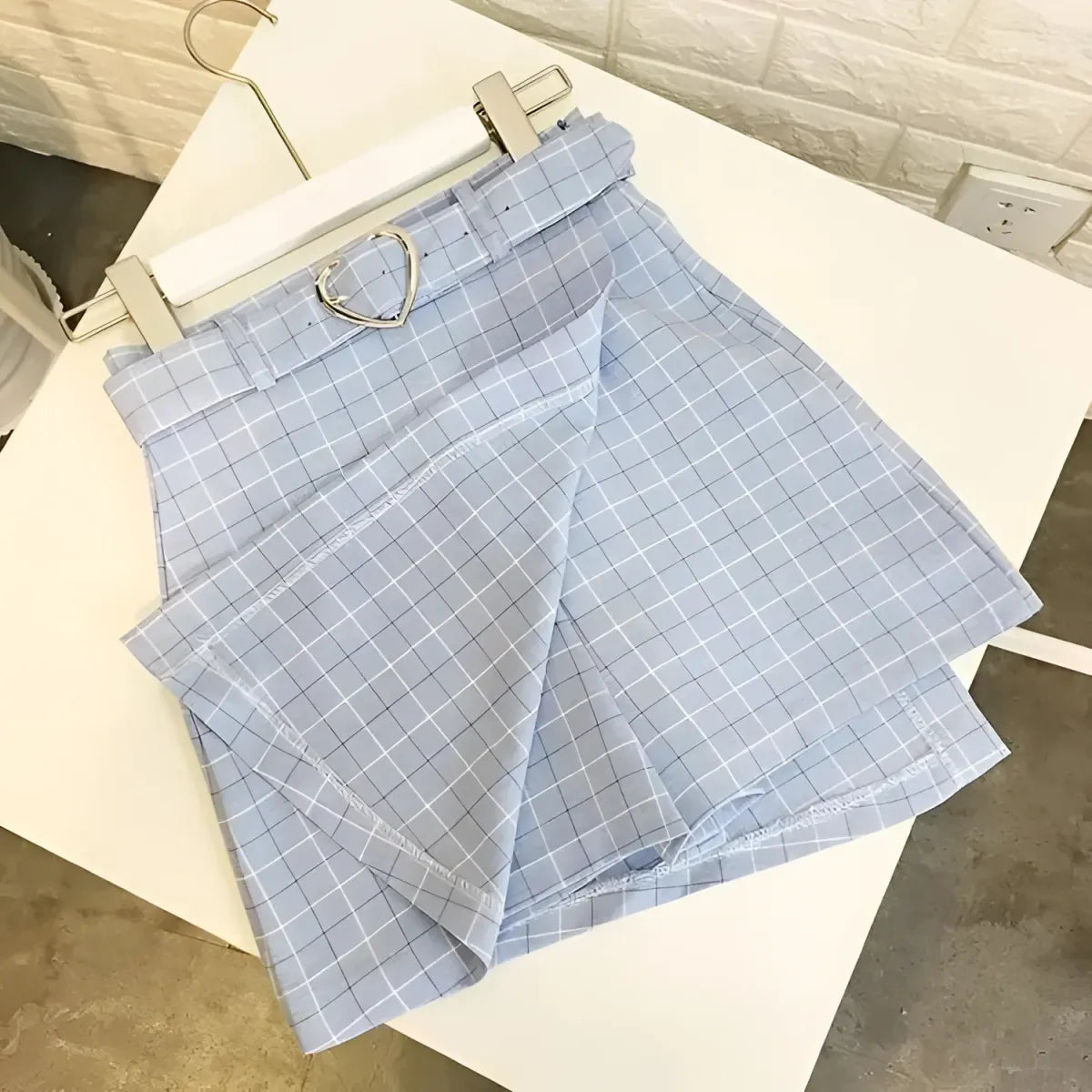 Plaid A-Line Mini Skirt with Heart Buckle