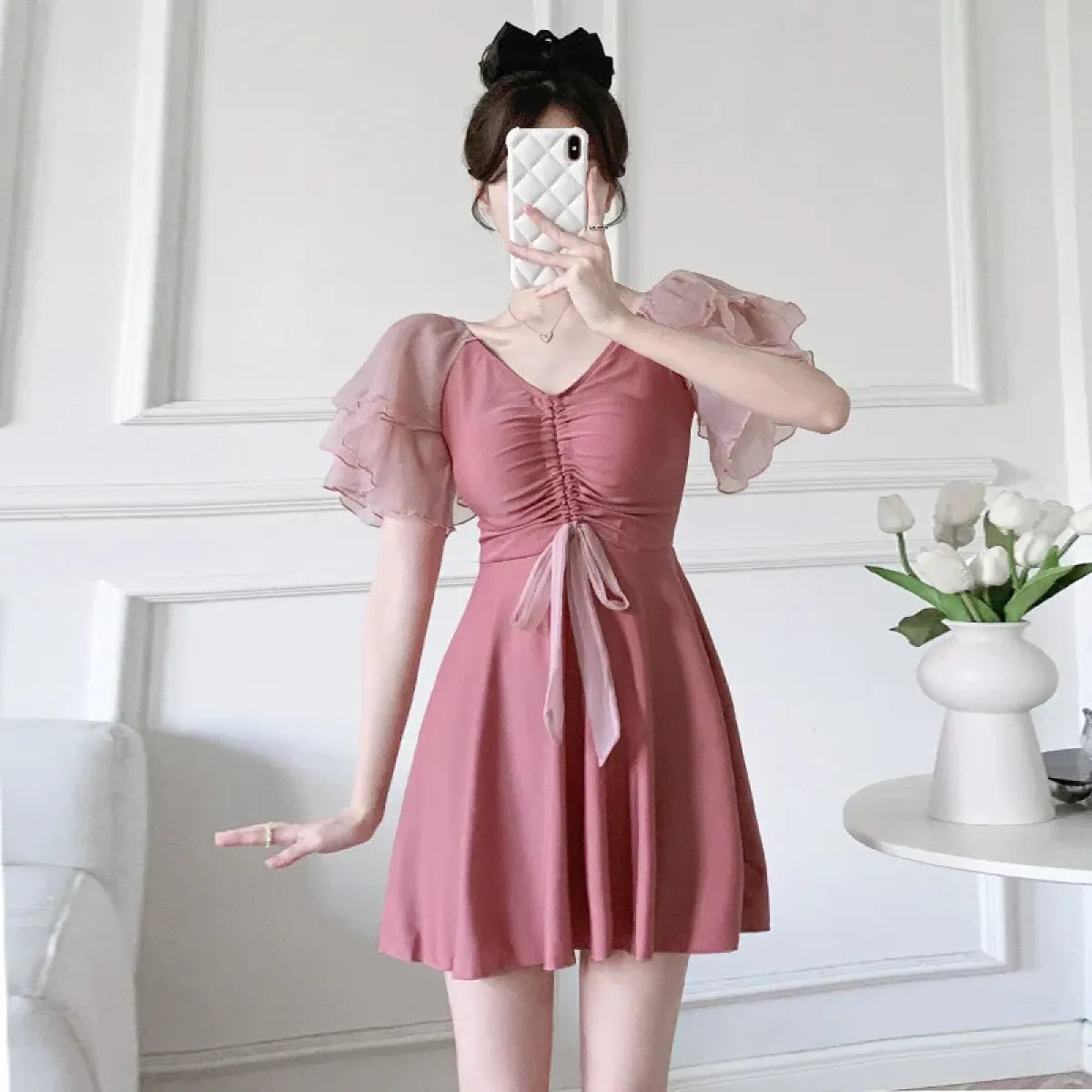 Puff Sleeve Drawstring Mini Dress – Sweet Kawaii Beachwear