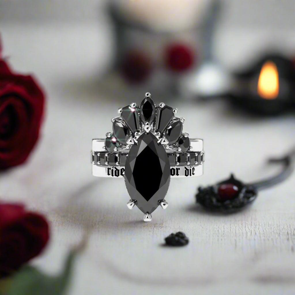 Ride or Die Wedding Rings- 2.5 Ct Marquise Cut Diamond Gothic Bridal Set in 14k White Gold