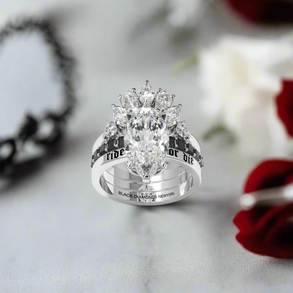 Ride or Die Wedding Rings- 2.5 Ct Marquise Cut Diamond Gothic Bridal Set in 14k White Gold