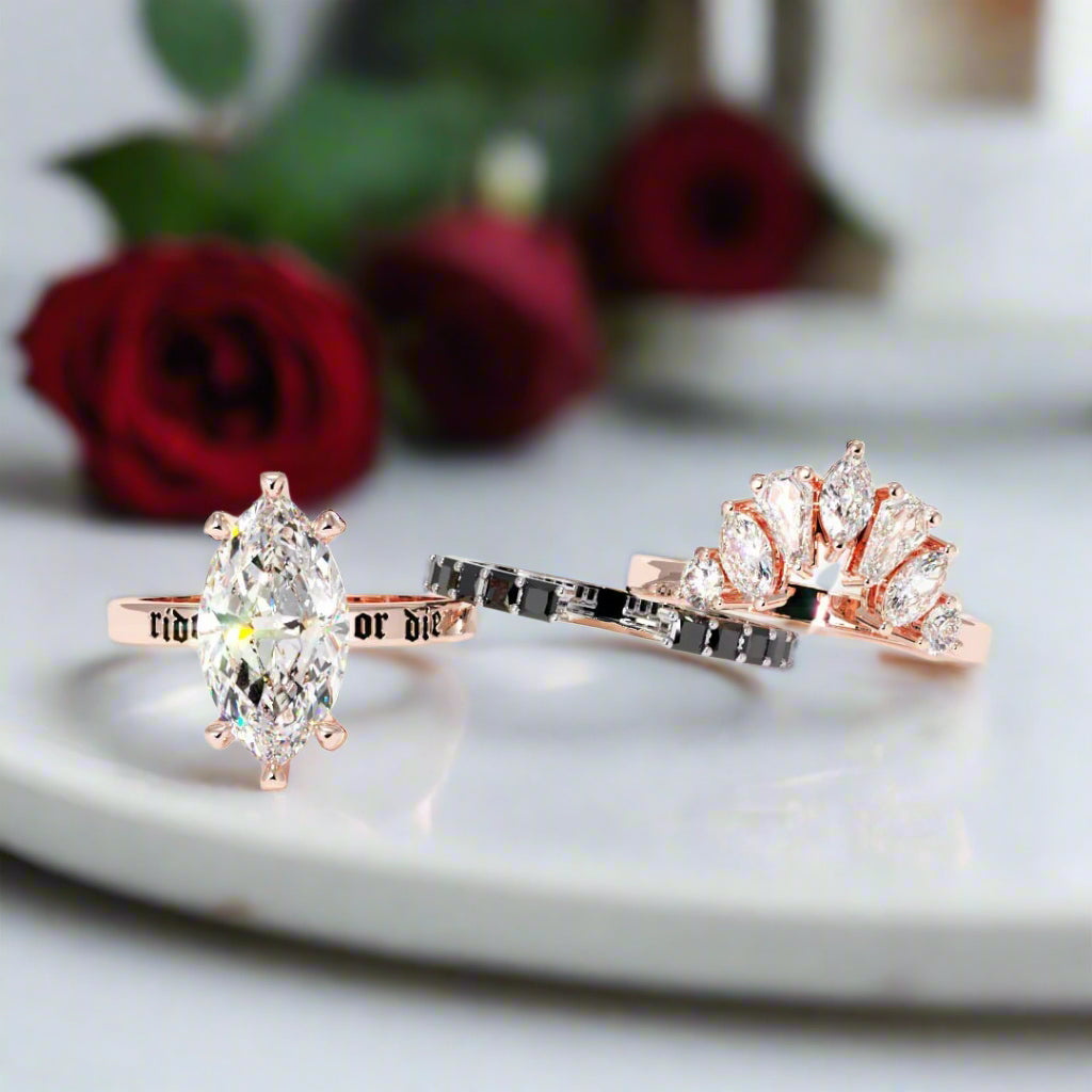 Ride or Die Wedding Rings- 2.5 Ct Marquise Cut Diamond Gothic Bridal Set in 14k White Gold