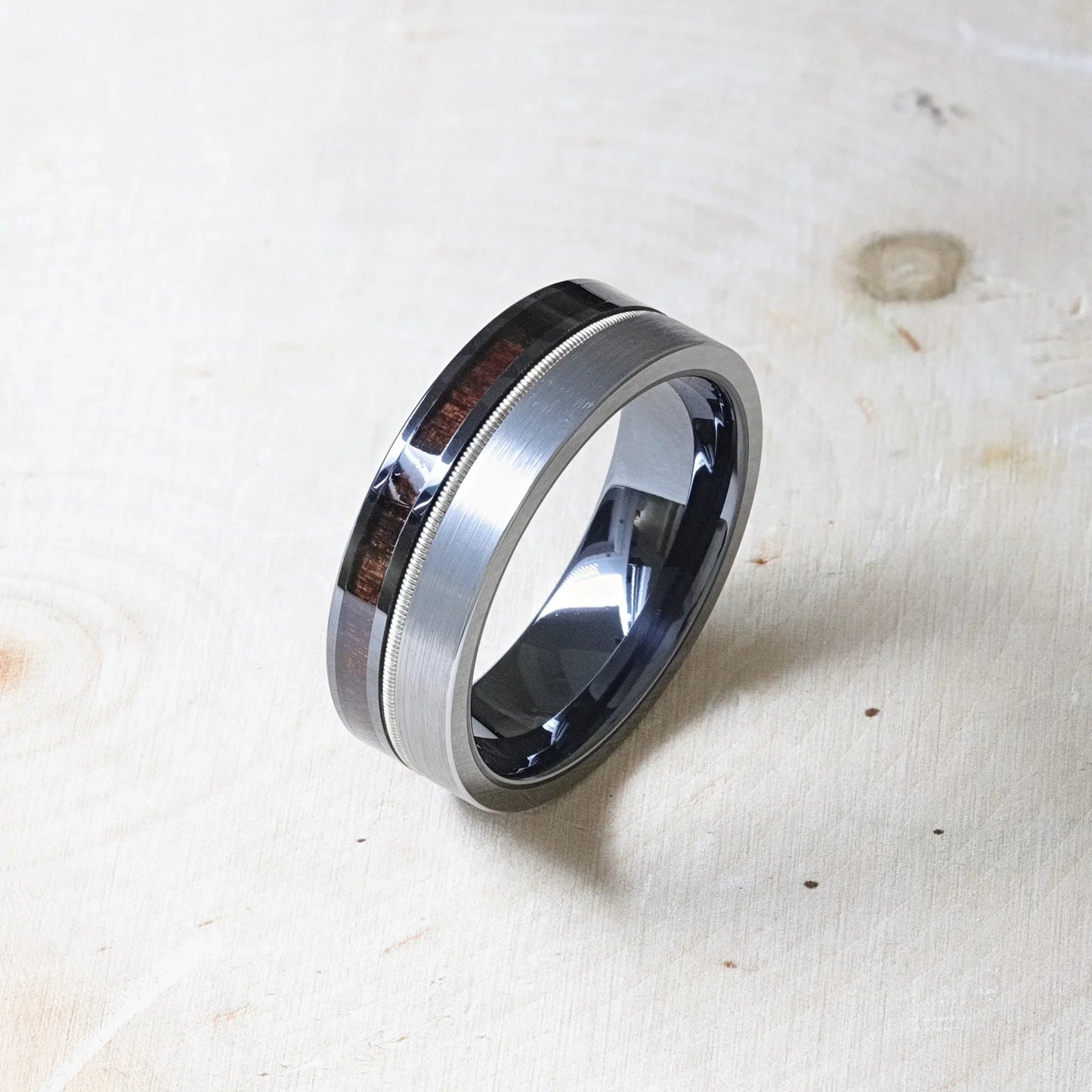 SLATE 8mm Tungsten & Black Ceramic Hybrid Ring with Steel Guitar String and Ebony Wood Inlay