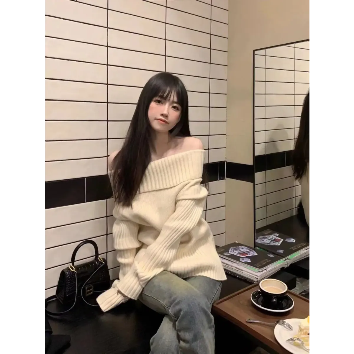 Beige Off Shoulder Knit Sweater – Elegant Harajuku Long Sleeve Pullover