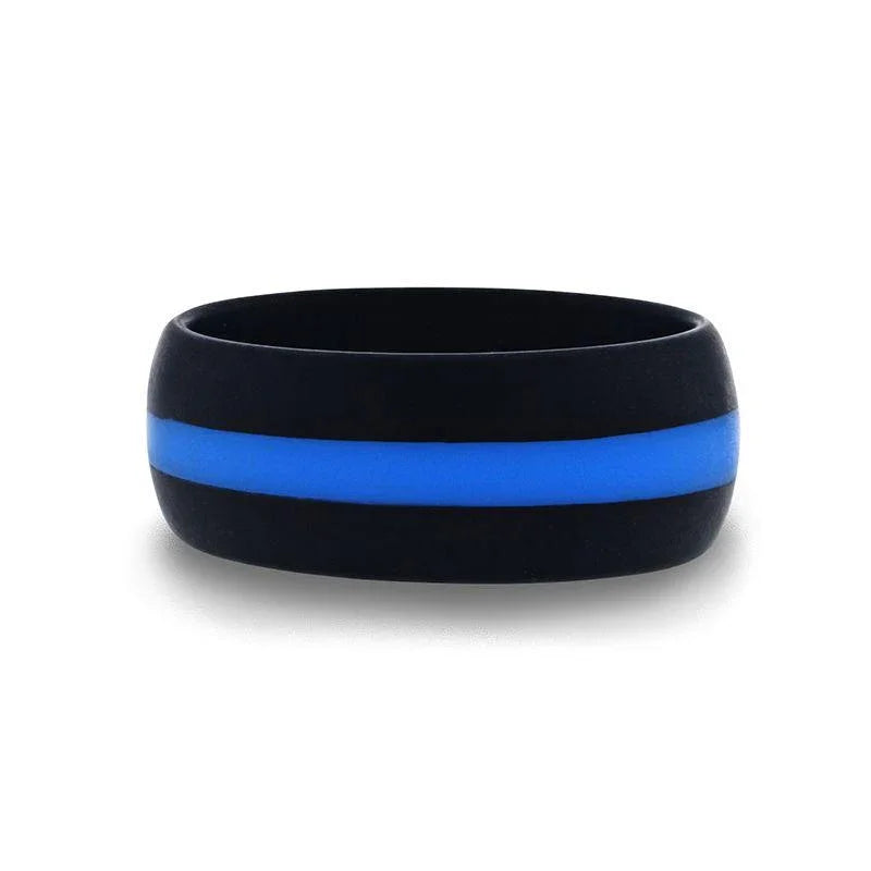 ZOLAN Matte Black Men's Silicone Ring With Vibrant Blue Colored Inlay - 8mm