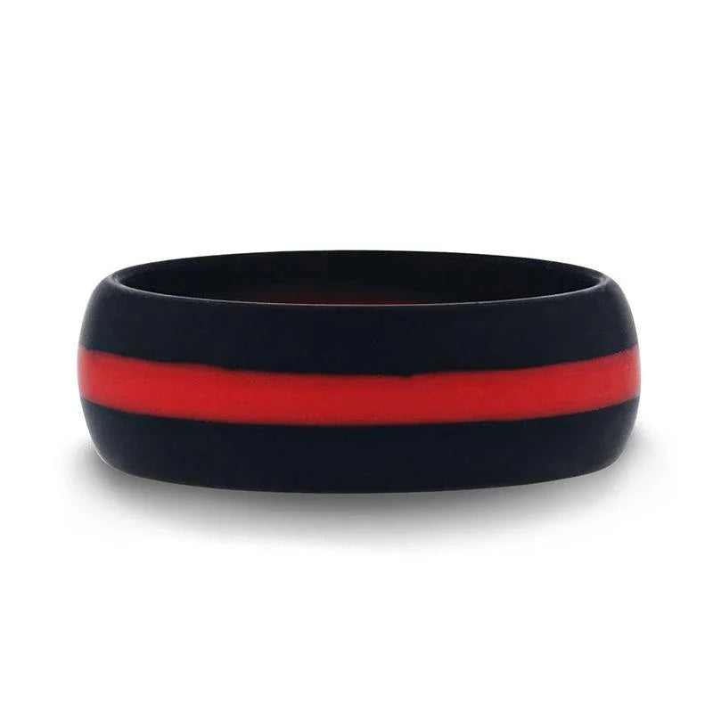 ZARIA Matte Black Men's Silicone Ring With Vibrant Red Colored Inlay - 8mm