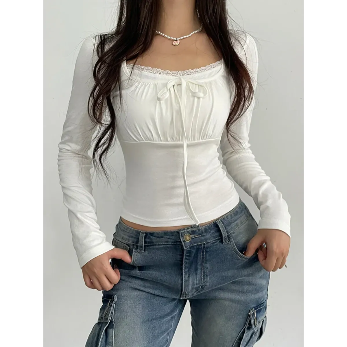 Slim Lace Long Sleeve Top – Kawaii Square Collar Women's T-Shirt