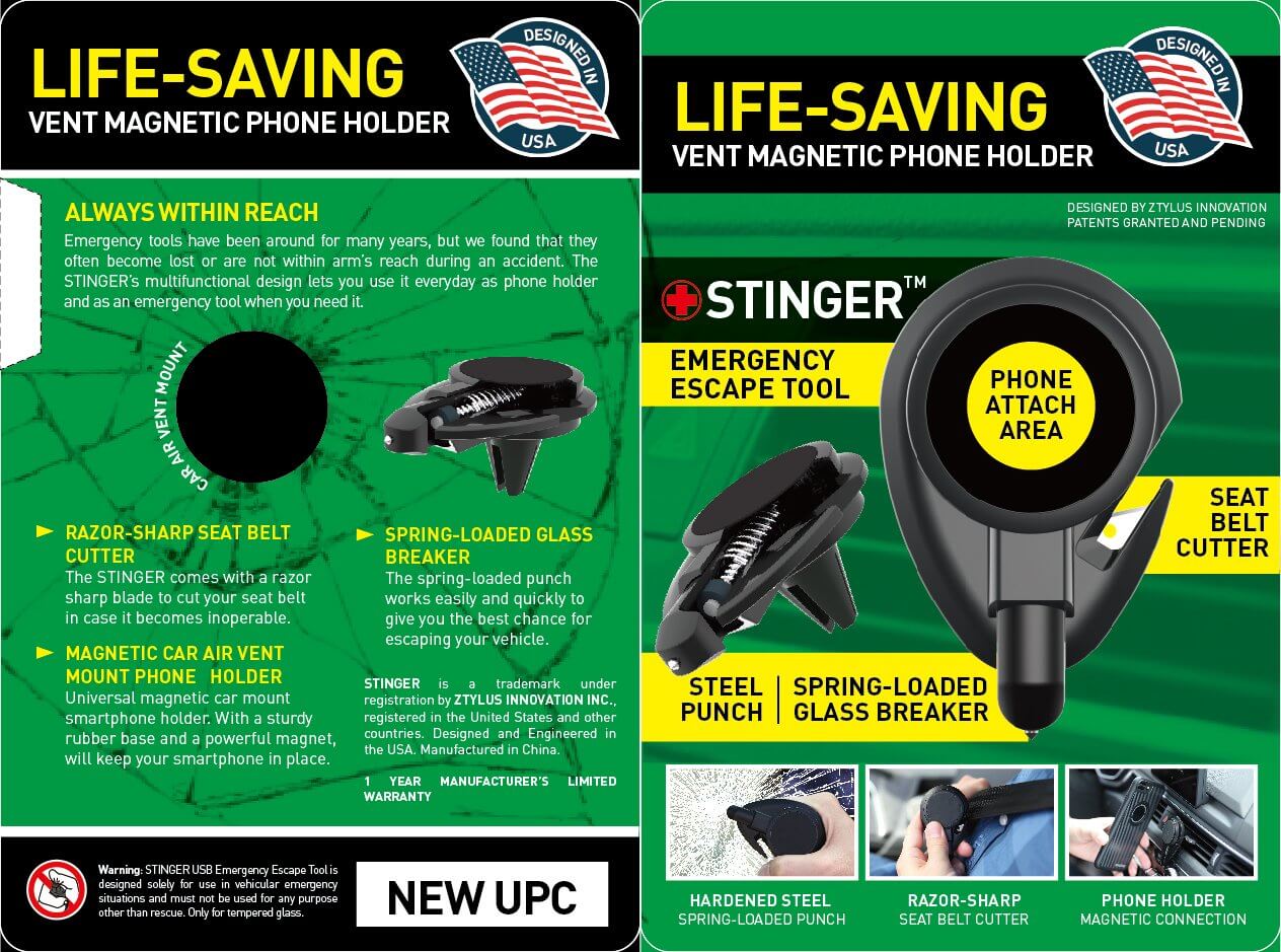 Stinger Car Vent Mount Magnetic Phone Holder Emergency Tool (Red)