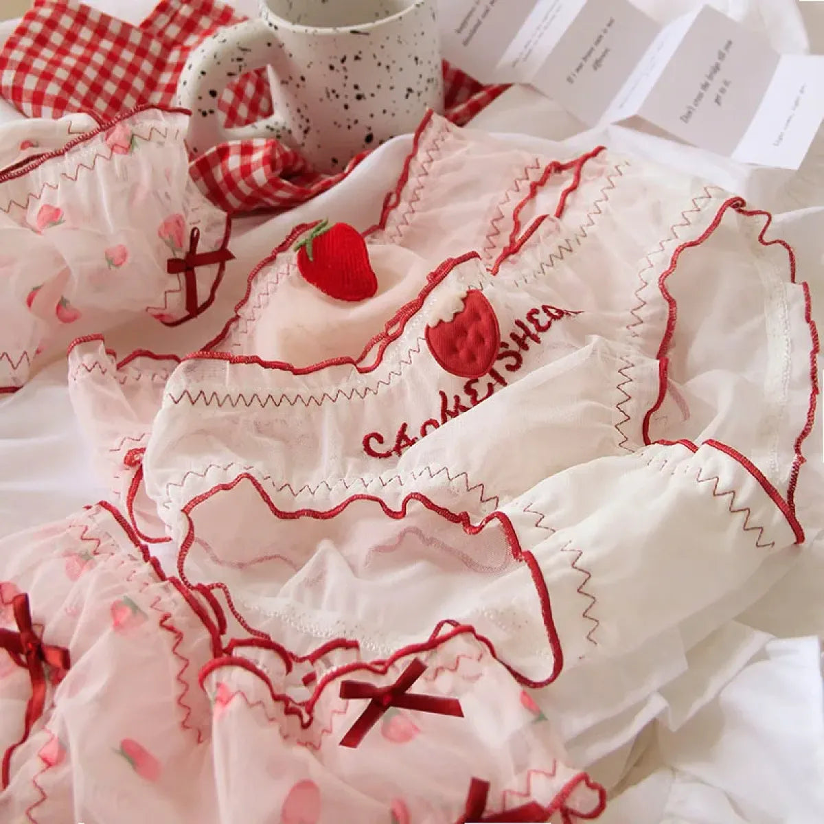 Sweet Strawberry Sheer Mesh Panties – Ruffle Lace Mid-Waist Briefs