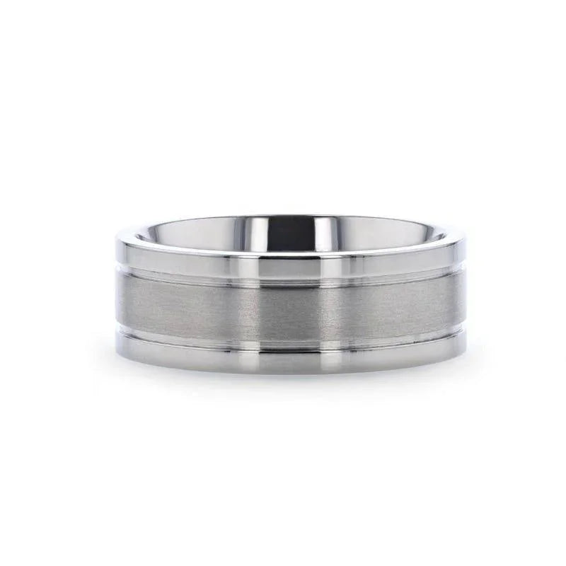 MAGNUM Flat Polished Edge Titanium Band with Offset Grooves and Satin Center - 8mm