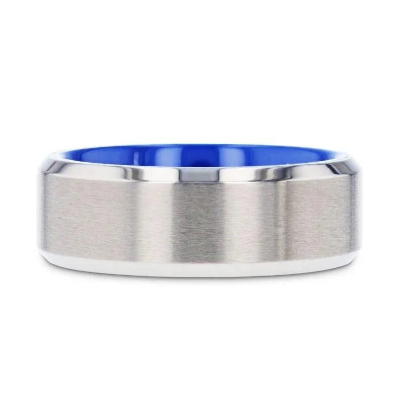 ARCTIC Flat Beveled Edges Titanium Ring with Brushed Center and Vibrant Blue Inside - 8mm