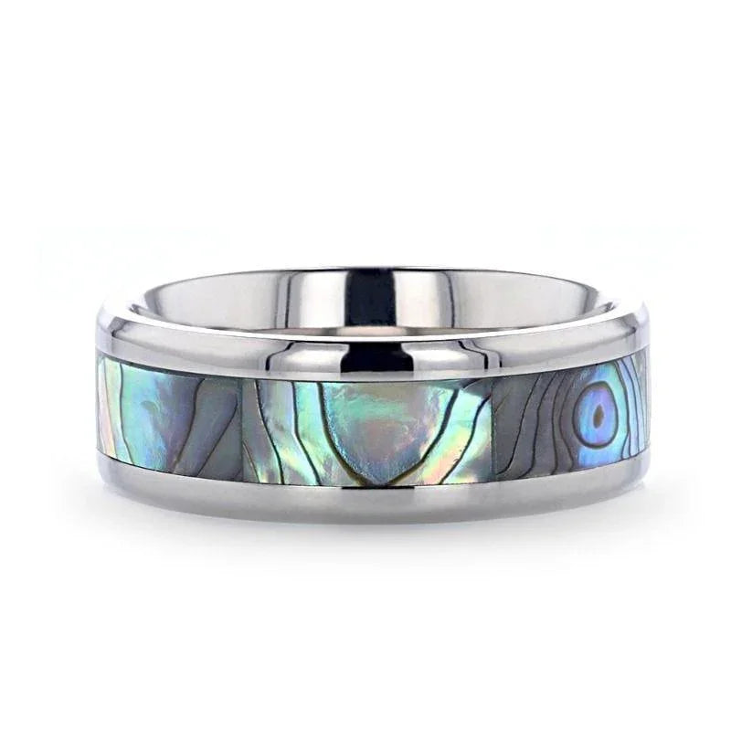 KAUI Titanium Polished Finish Mother Of Pearl Inlaid Men’s Beveled Wedding Band - 6mm & 8mm