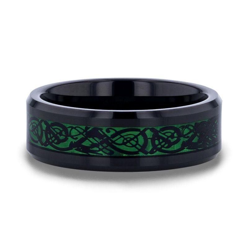 ALLURE Black Dragon Design with Green Background Inlaid Black Tungsten Men's Ring, Clear Coating, Beveled Edge - 8mm