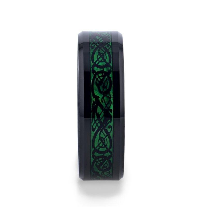 ALLURE Black Dragon Design with Green Background Inlaid Black Tungsten Men's Ring, Clear Coating, Beveled Edge - 8mm