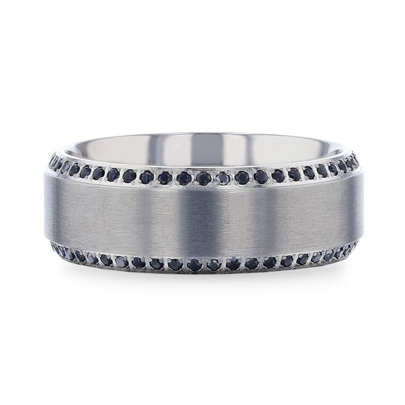 CHAMPION Flat Brushed Center Titanium Men's Wedding Band with Black Sapphire Polished Beveled Edges - 8mm