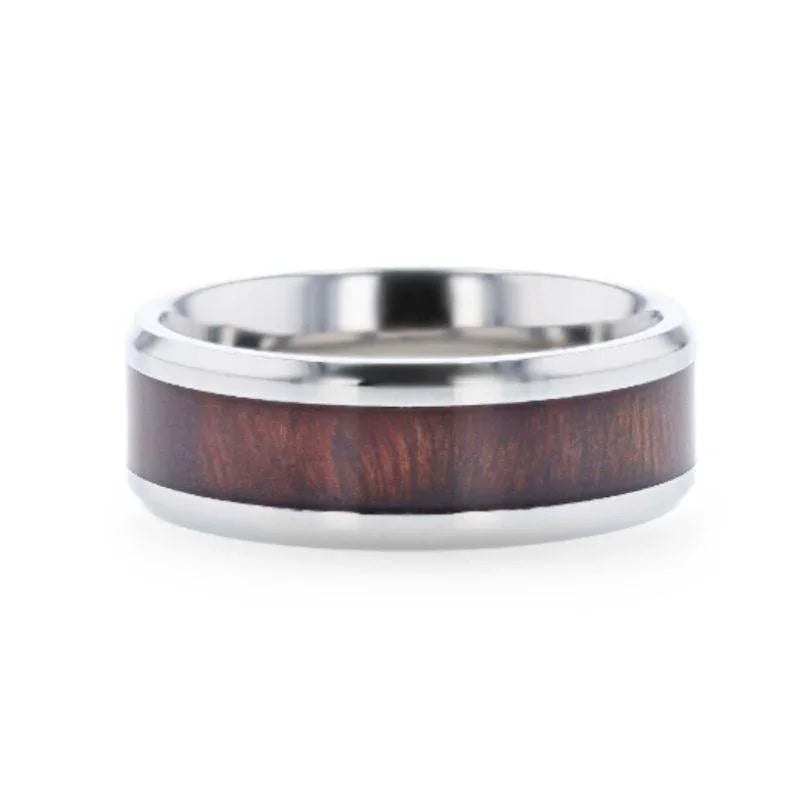 SEQUOIA Redwood Inlaid Titanium Flat Polished Finish Men's Wedding Ring With Beveled Edges - 8mm