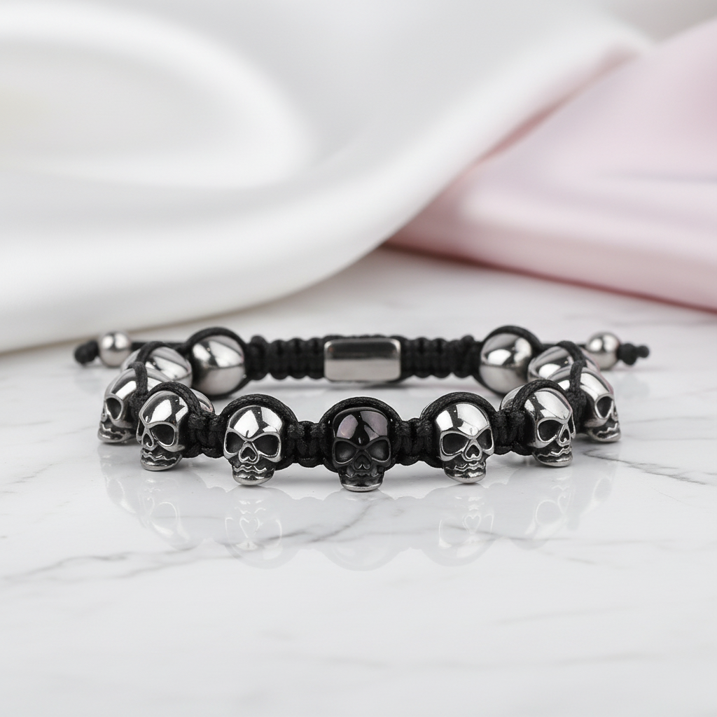 Unisex Skull Beads Gothic Bracelet with Braided Wrap