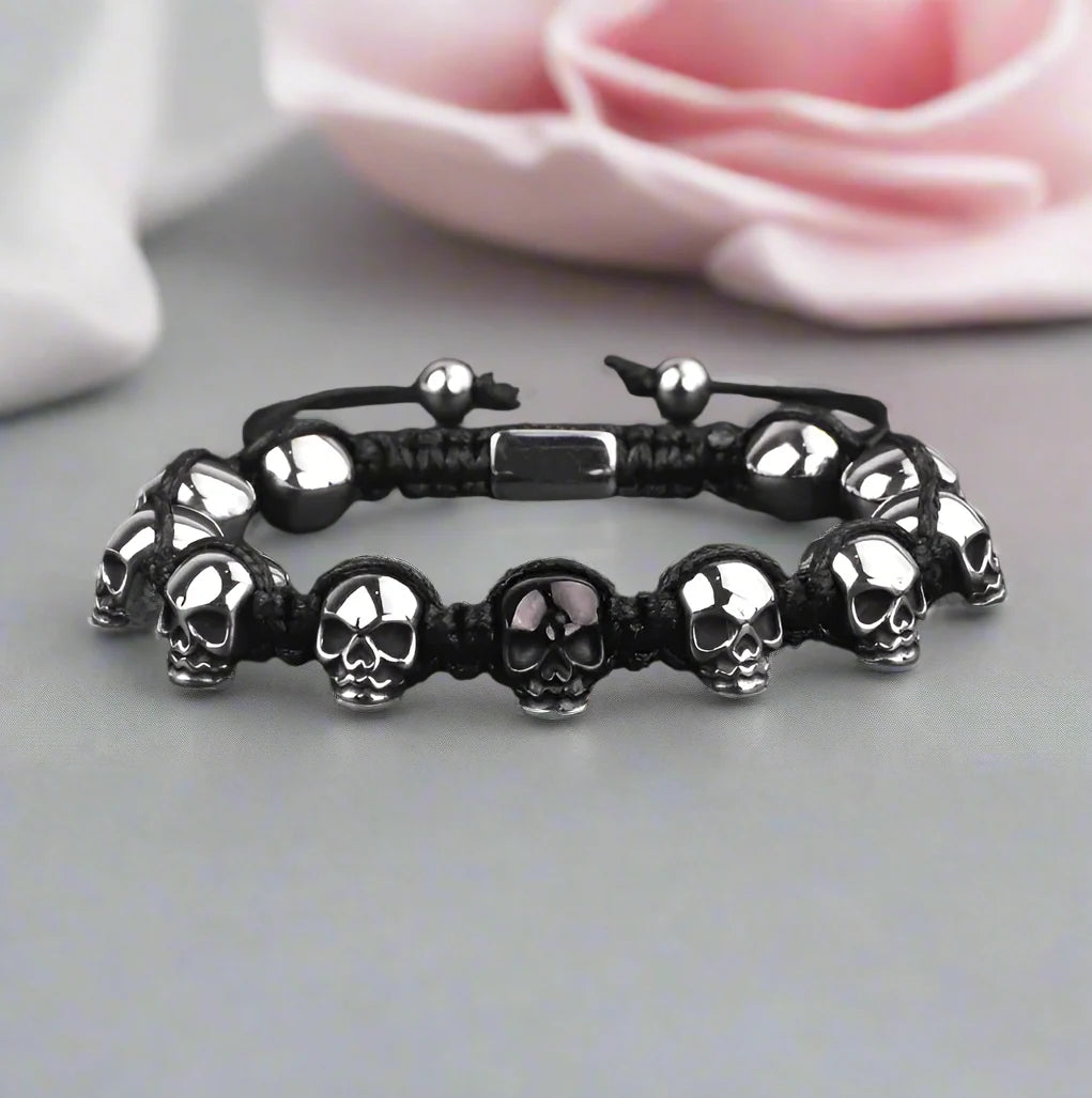 Unisex Skull Beads Gothic Bracelet with Braided Wrap