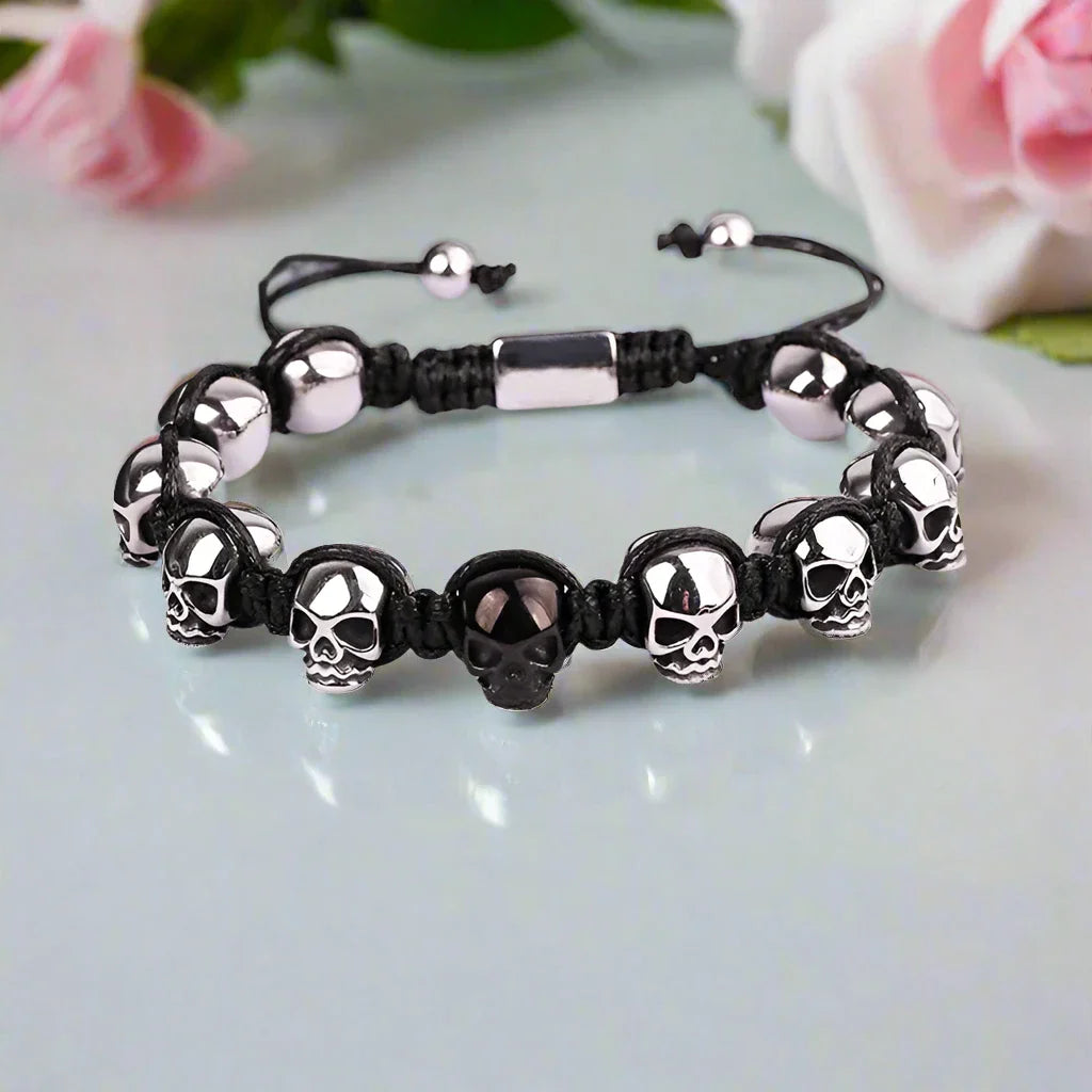 Unisex Skull Beads Gothic Bracelet with Braided Wrap