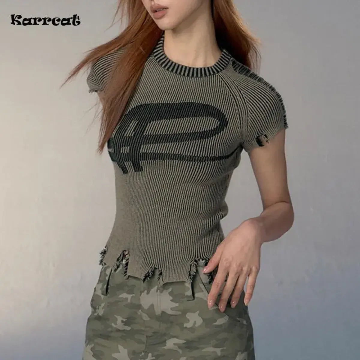 Vintage Distressed Knitted Top - Grunge Aesthetics Crop Tee