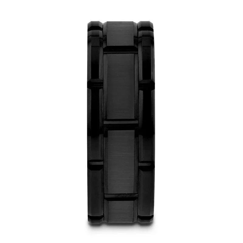 WINDSOR Beveled Black Tungsten Carbide Wedding Band with Brushed Center and Alternating Grooves – 8mm & 10mm
