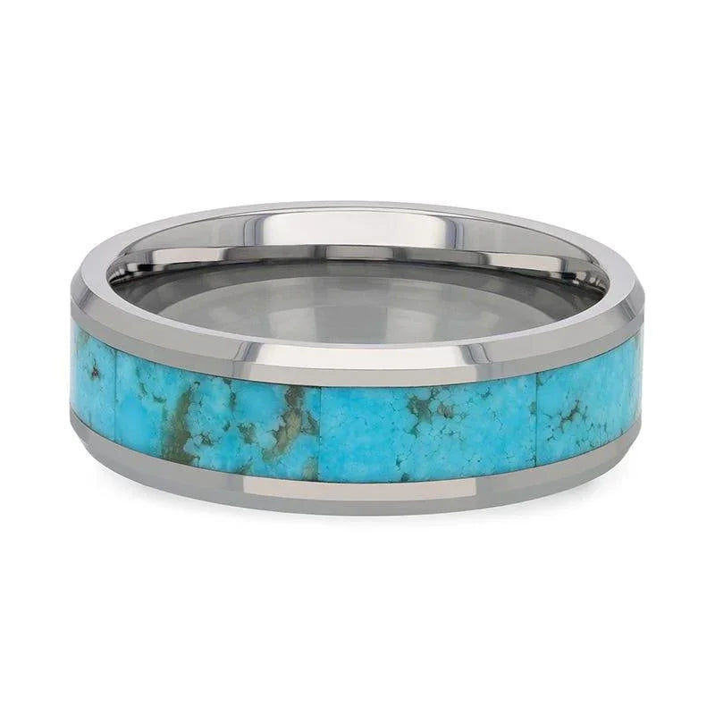 ARIZONA Kingman Turquoise Inlay Tungsten Men's Wedding Band With Beveled Edges - 8mm - Limited Run