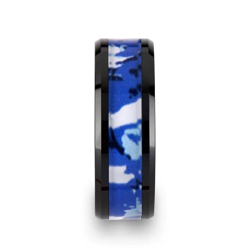 RECOIL Black Ceramic Ring with Blue and White Camouflage Inlay - 8mm