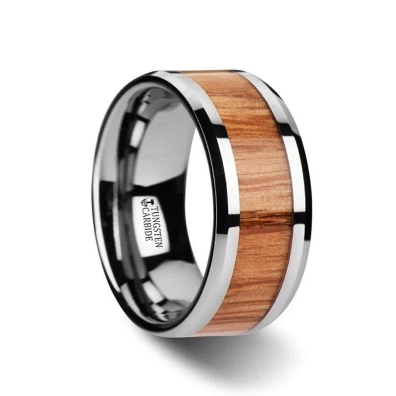 VERMILLION Red Oak Wood Inlaid Tungsten Carbide Ring with Bevels - 6mm - 10mm