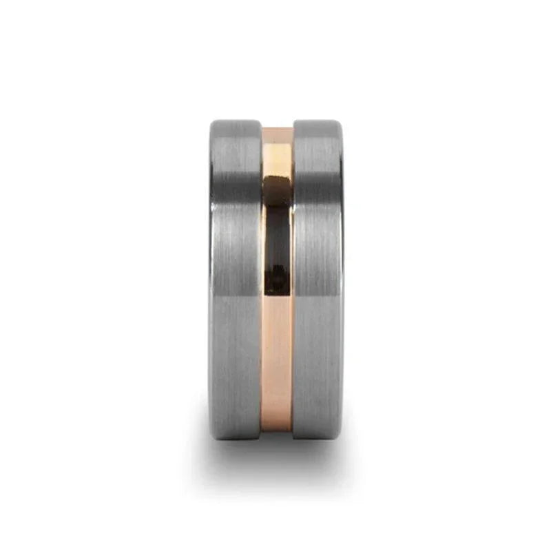 ZENITH Extra Wide Flat Brushed Tungsten Ring with Rose Gold Channel – 10mm