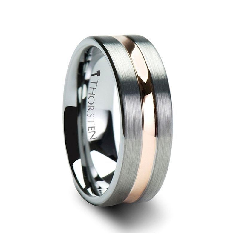 ZENITH Extra Wide Flat Brushed Tungsten Ring with Rose Gold Channel – 10mm