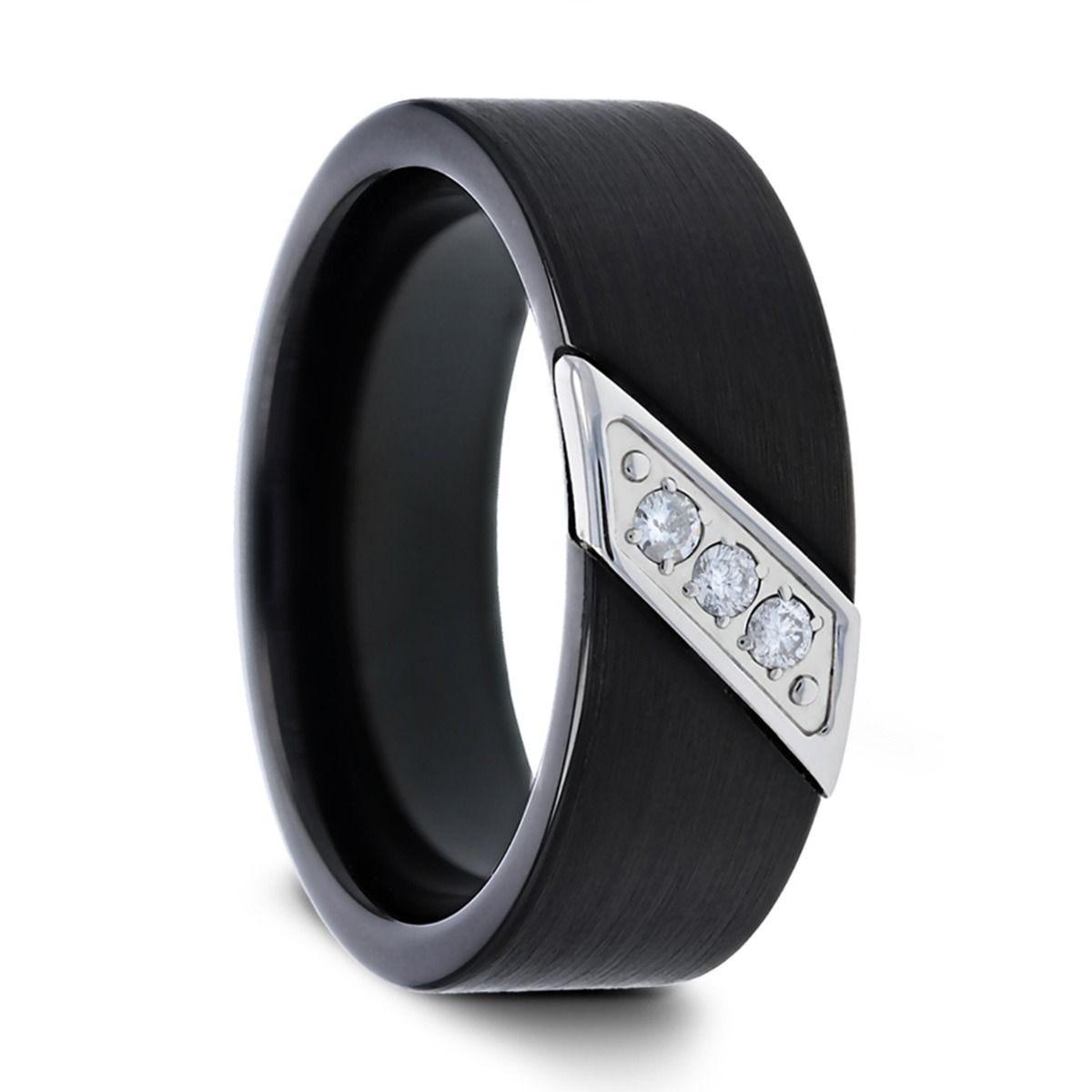 LIAM 8 mm Flat Black Satin Tungsten Carbide Wedding Band with Diagonal Diamonds in Stainless Steel