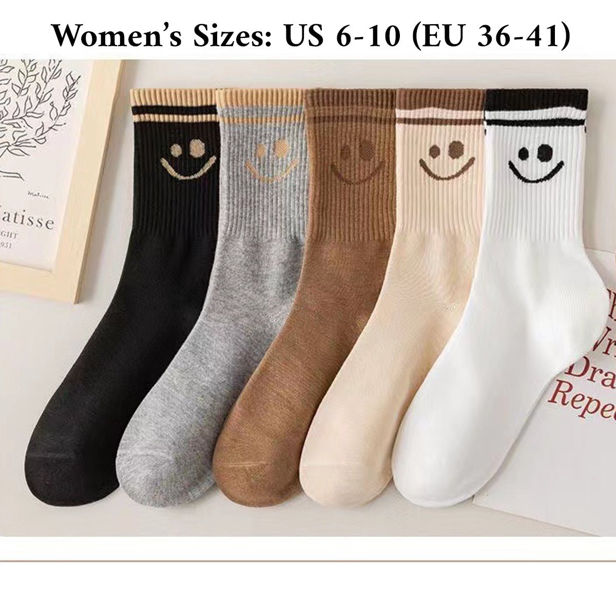 5 Pairs Smiley Face Crew Socks – Cute Cotton Socks for Women