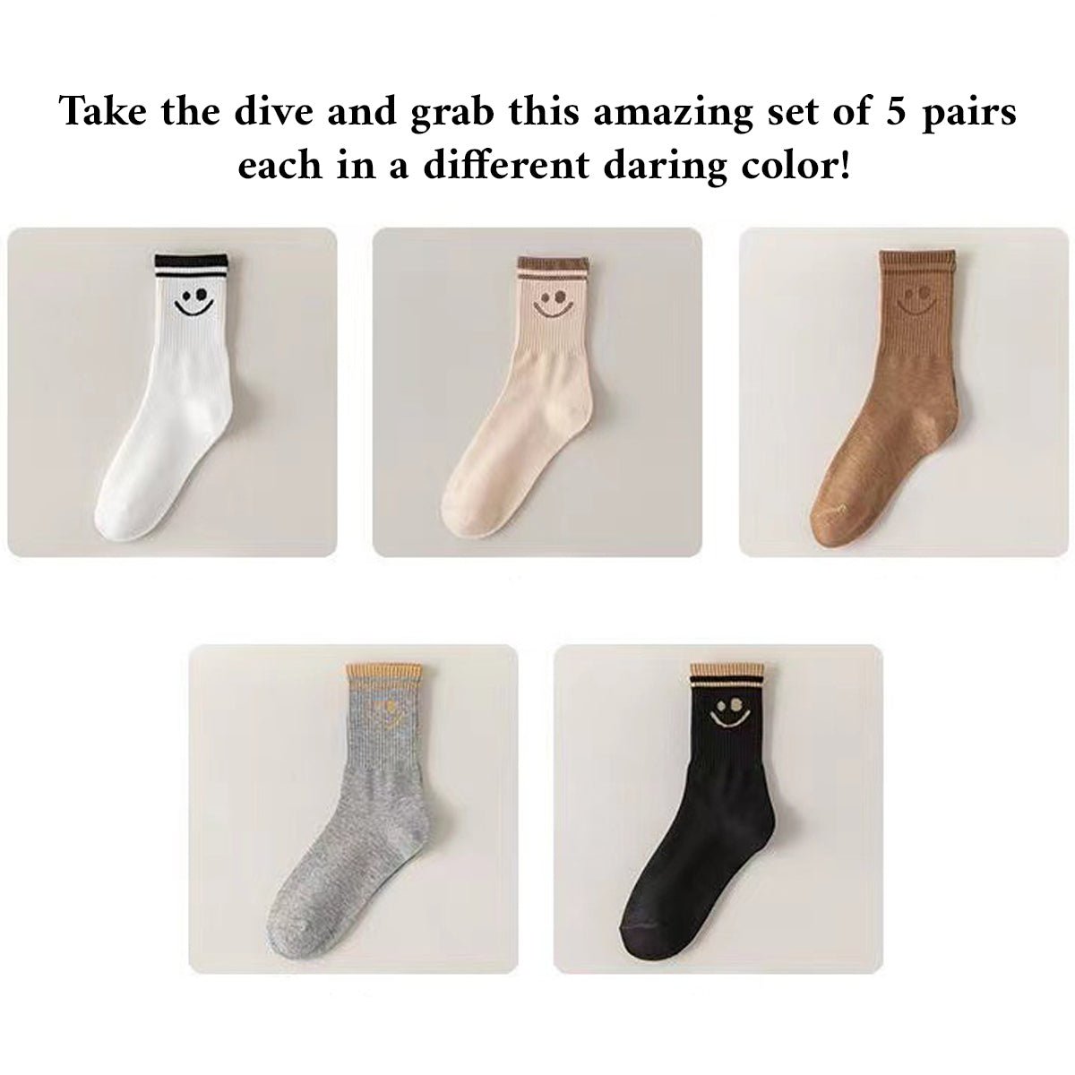 5 Pairs Smiley Face Crew Socks – Cute Cotton Socks for Women