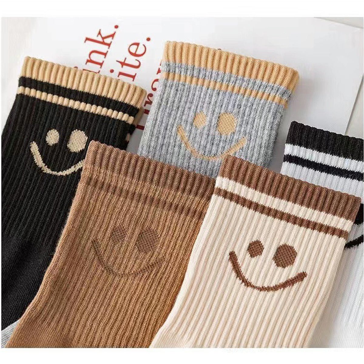 5 Pairs Smiley Face Crew Socks – Cute Cotton Socks for Women